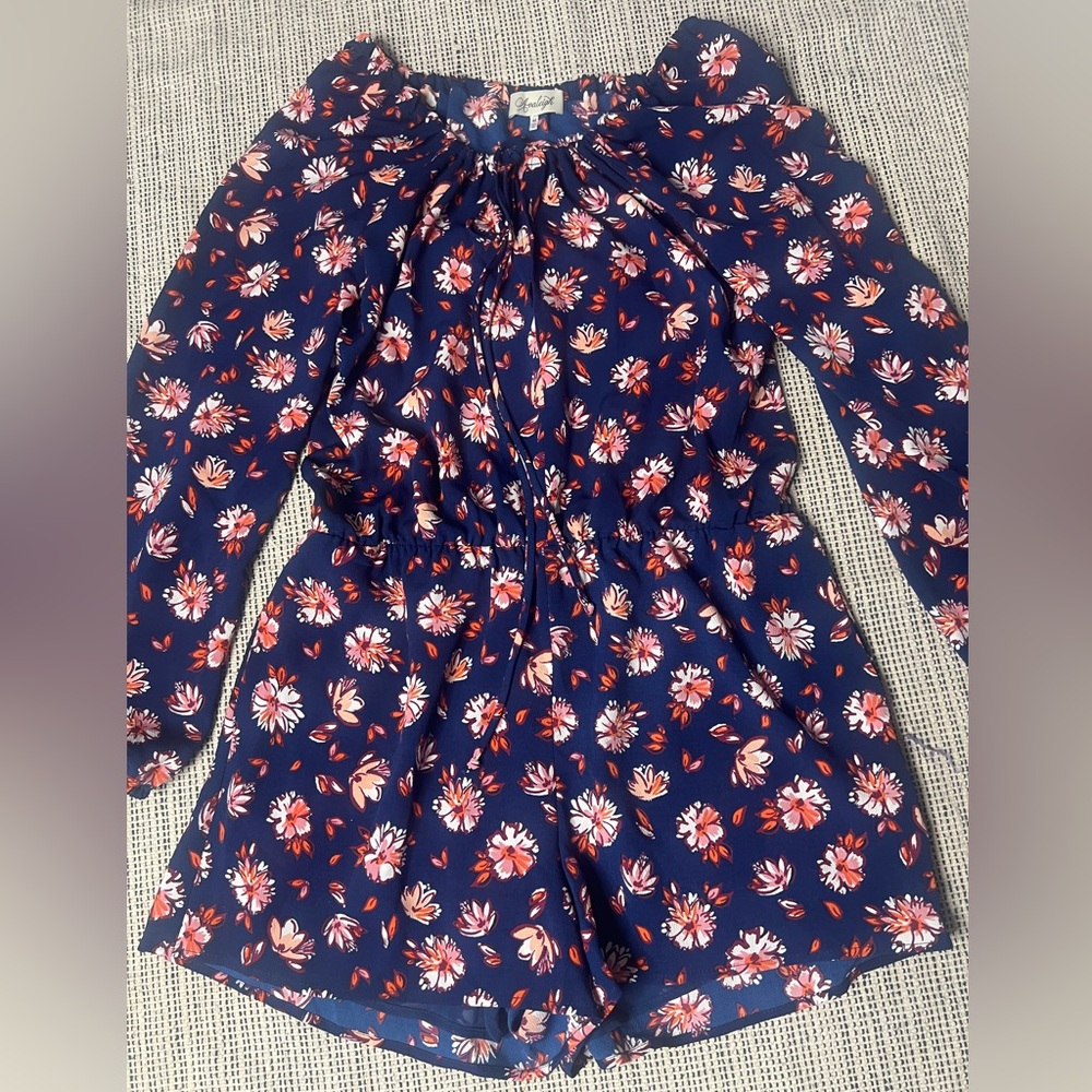 Anthropologie Avaleigh Romper Shorts Jumper Pockets Blue Floral Cottagecore